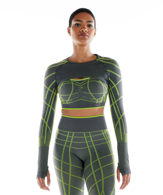 Gymshark Wtflex Linear Seamless Long Sleeve Shrug - Charcoal Grey/Fluo Green/Light Grey