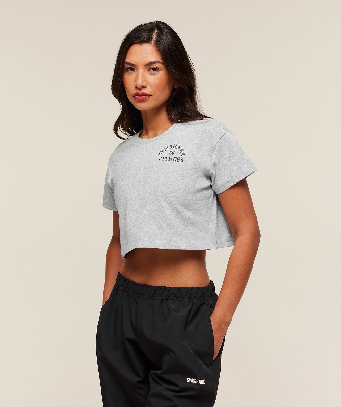 Gymshark Fitness Embroidered Graphic Oversized Crop Top - Light Grey Core Marl