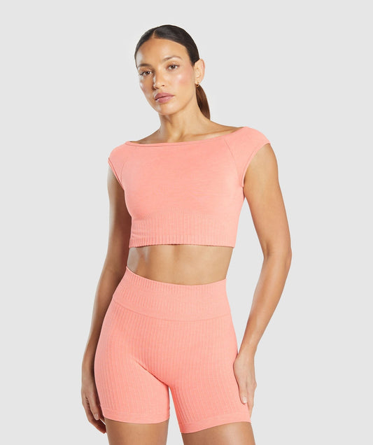 Gymshark Luxe Seamless Boat Neck Crop Top - Bros Muted Coral Marl