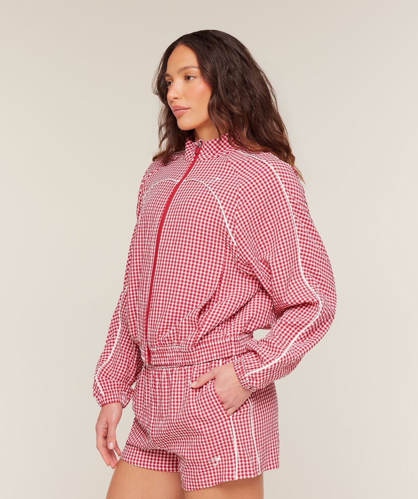 Gymshark Gingham Track Jacket - Carmine Red/Soft White