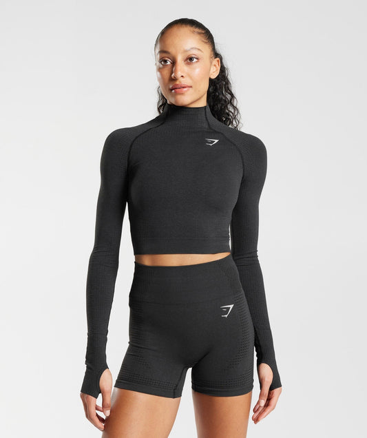 Gymshark Vital High Neck Midi Top - Black Marl