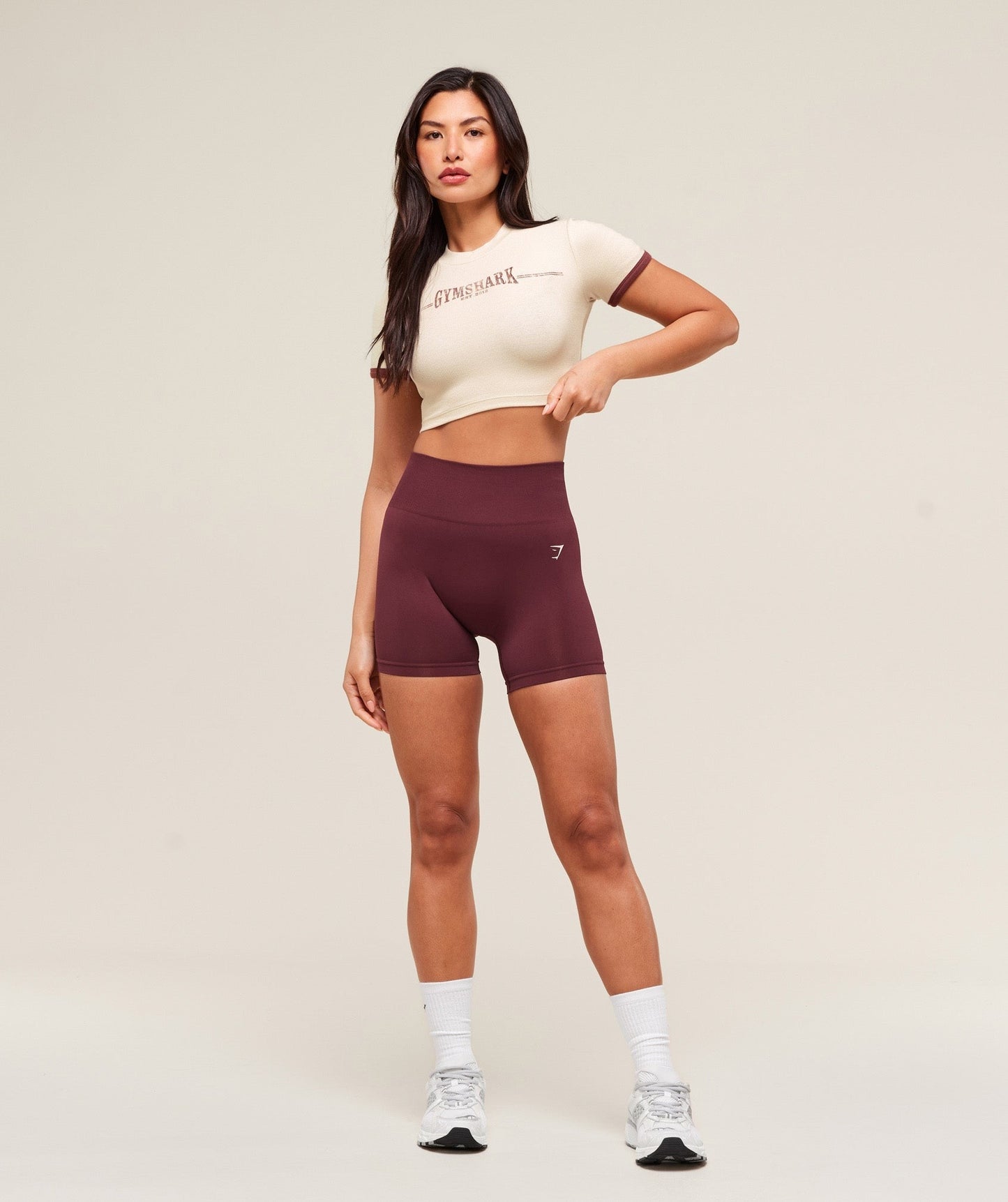 Gymshark Ribbed Cotton Crop Top - Oat White/Burgundy Brown