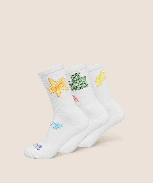 Gymshark Lucky Graphic Crew Socks 3pk - White