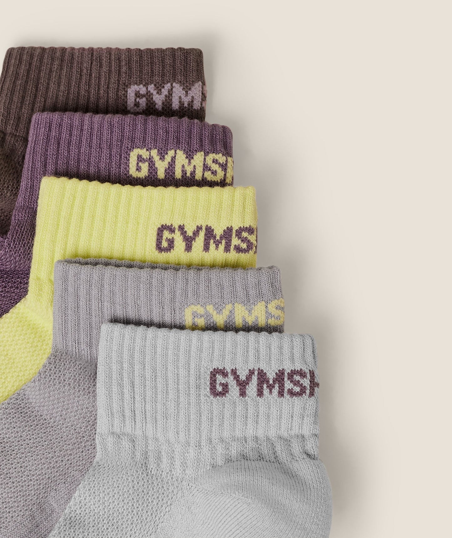 Gymshark Quarter Socks 5pk - Light Grey / Stratus Grey / Sorbet Yellow / Dusk Purple / Cool Brown