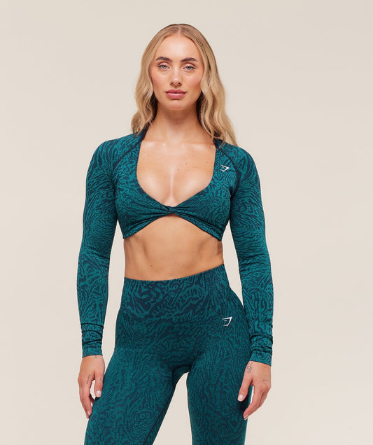 Gymshark Adapt Animal Long Sleeve Crop Top - Navy/Brand Blue