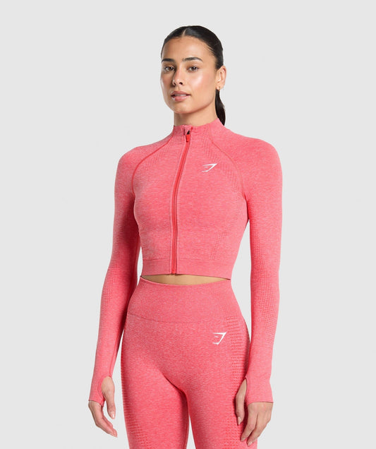 Gymshark Vital Seamless Midi Zip 2.0 Pullover - Coral Red/Marl