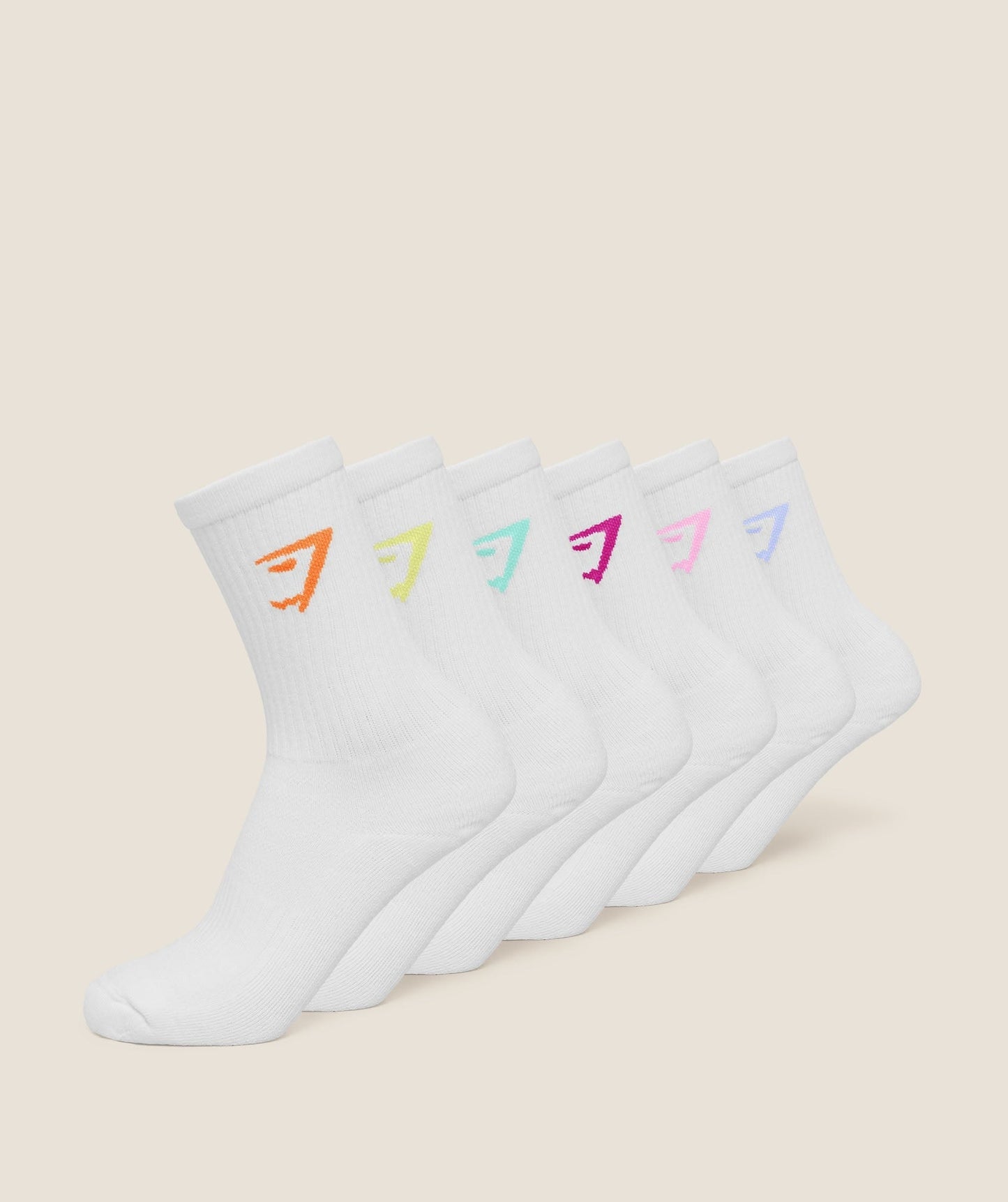 Gymshark Crew Socks 6pk - White / Chilled Blue / Focus Pink / Super-Set Pink / Pop Turquoise / Sorbet Yellow / Dayglow Peach