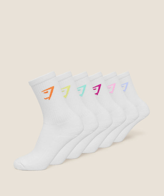 Gymshark Crew Socks 6pk - White / Chilled Blue / Focus Pink / Super-Set Pink / Pop Turquoise / Sorbet Yellow / Dayglow Peach