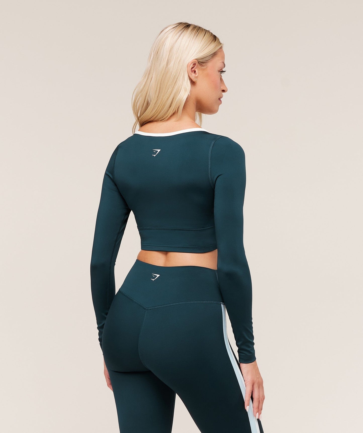 Gymshark Piping Long Sleeve Crop Top - Deep Petrol Blue/Smoke Blue/Soft White