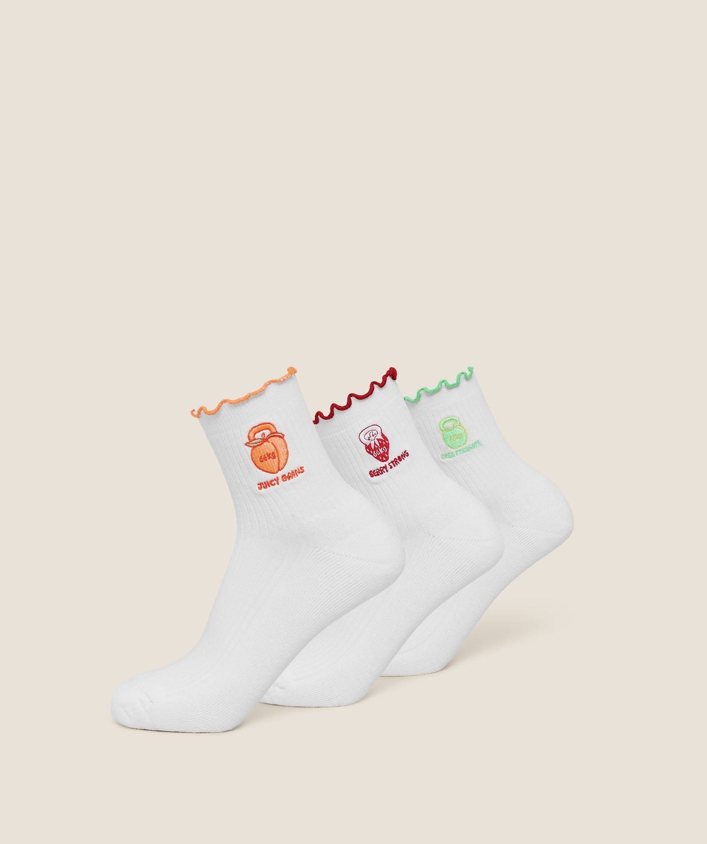 Gymshark Fruity Graphic Midi Frill Socks 3pk - White