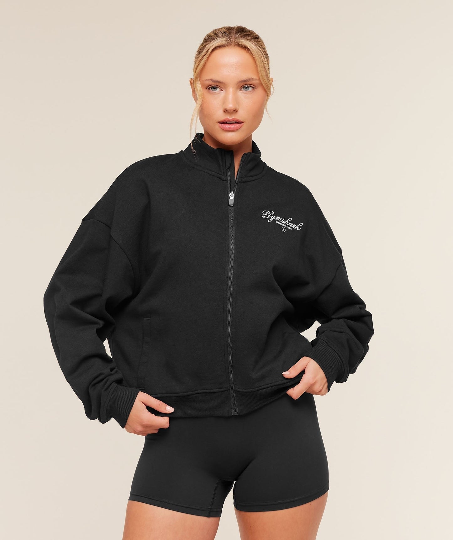 Gymshark Script Embroidery Oversized Zip Through - Black