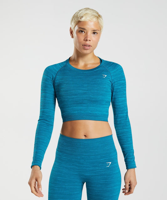 Gymshark Adapt Marl Seamless Long Sleeve Crop Top - Atlantic Blue/Shark Blue