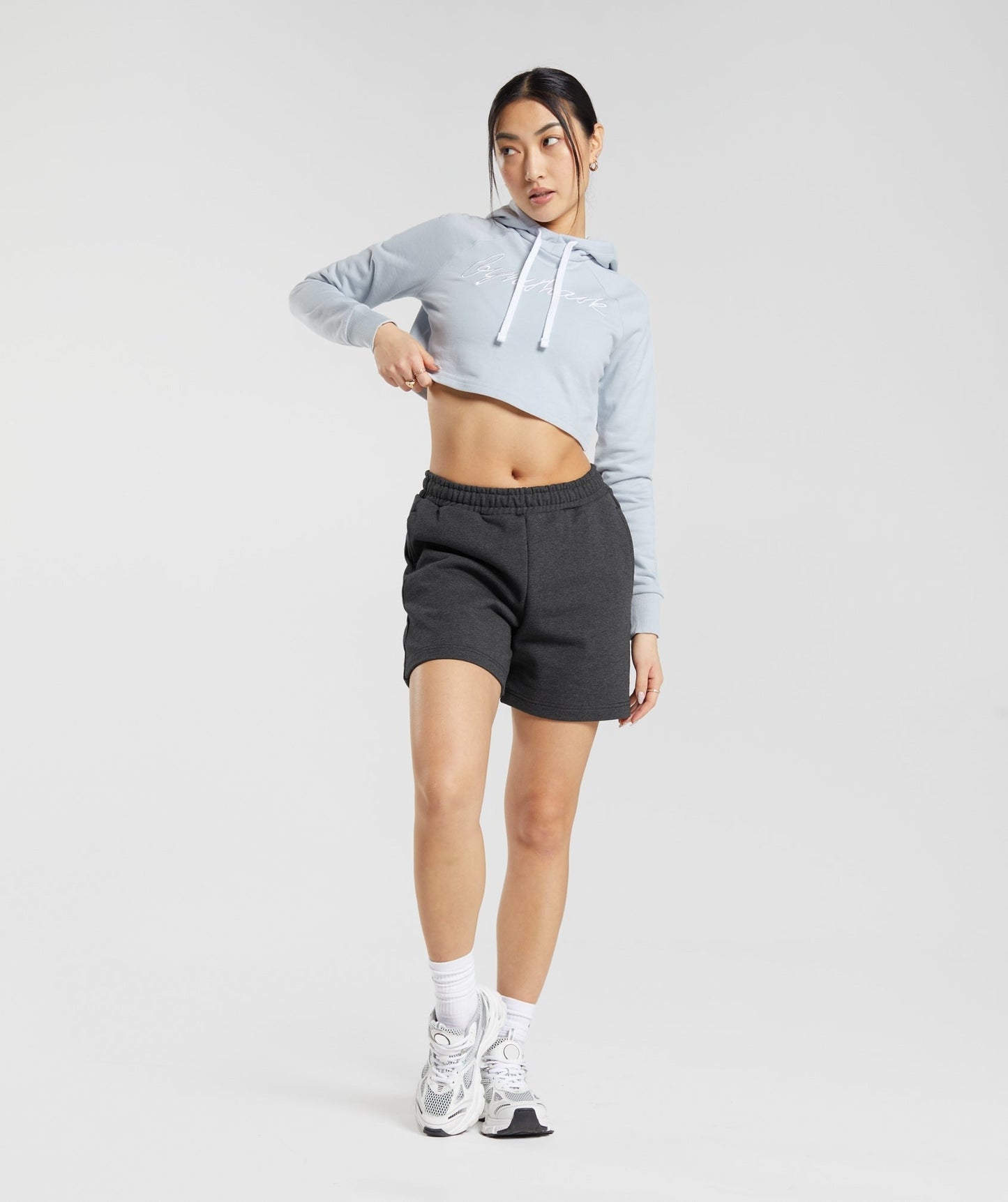 Gymshark Embroidered Graphic Cropped Hoodie - River Stone Grey