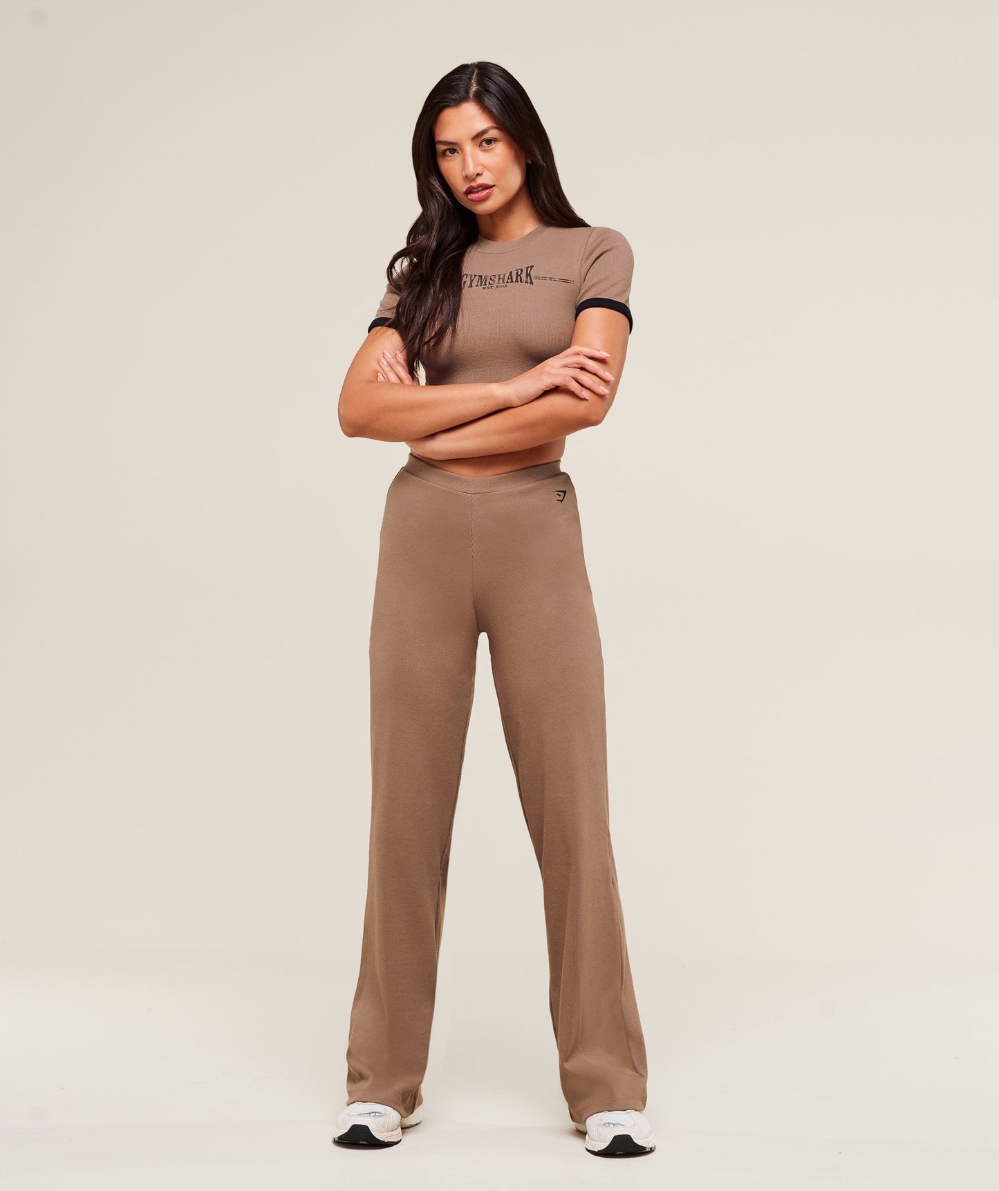 Gymshark Ribbed Cotton Straight Leg Pants - Mocha Mauve/Black