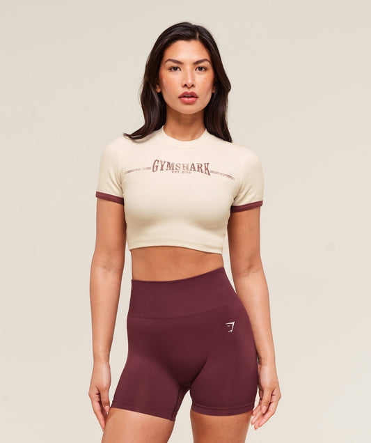 Gymshark Ribbed Cotton Crop Top - Oat White/Burgundy Brown