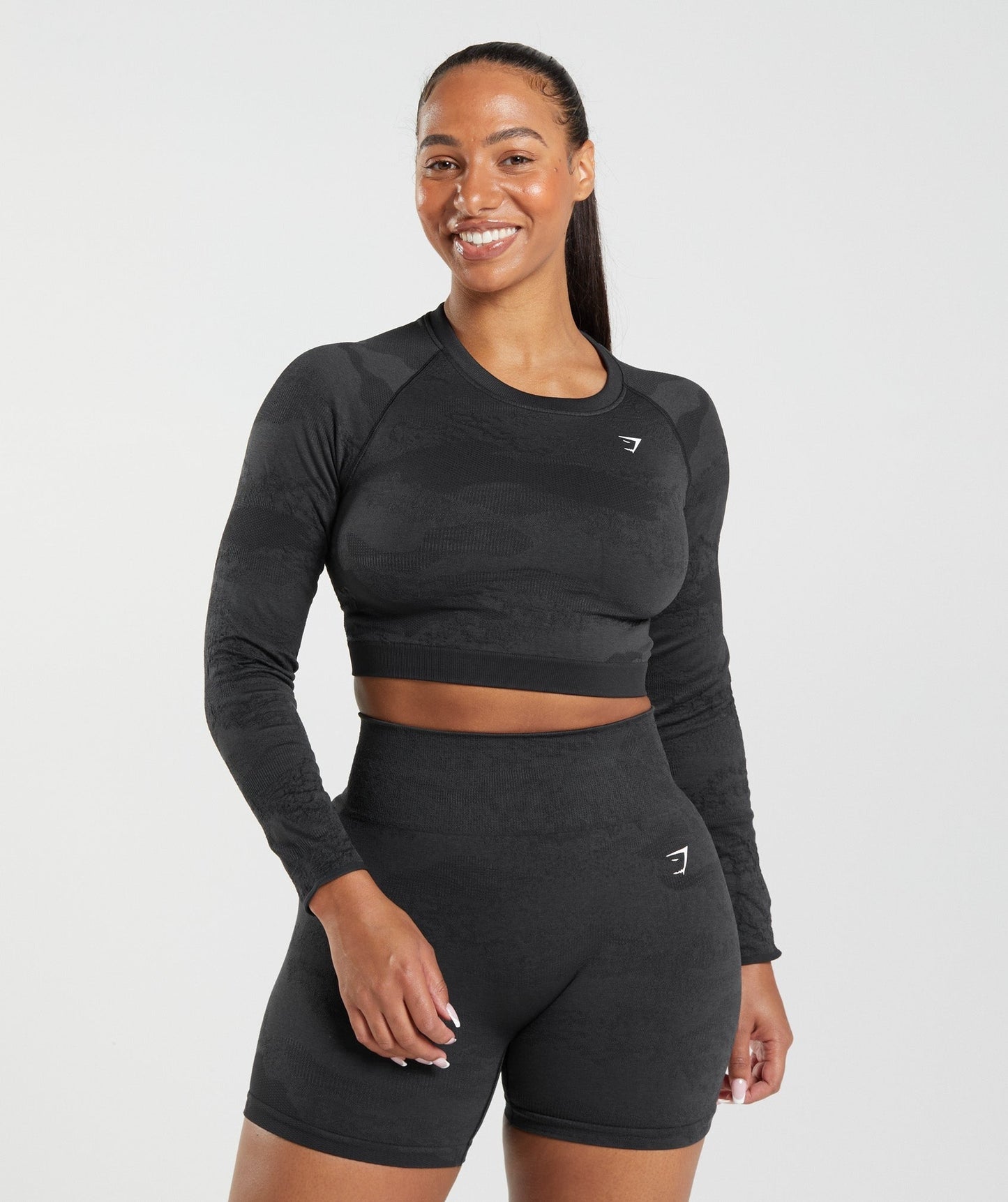 Gymshark Adapt Camo Seamless Lace Up Back Top - Black/Onyx Grey
