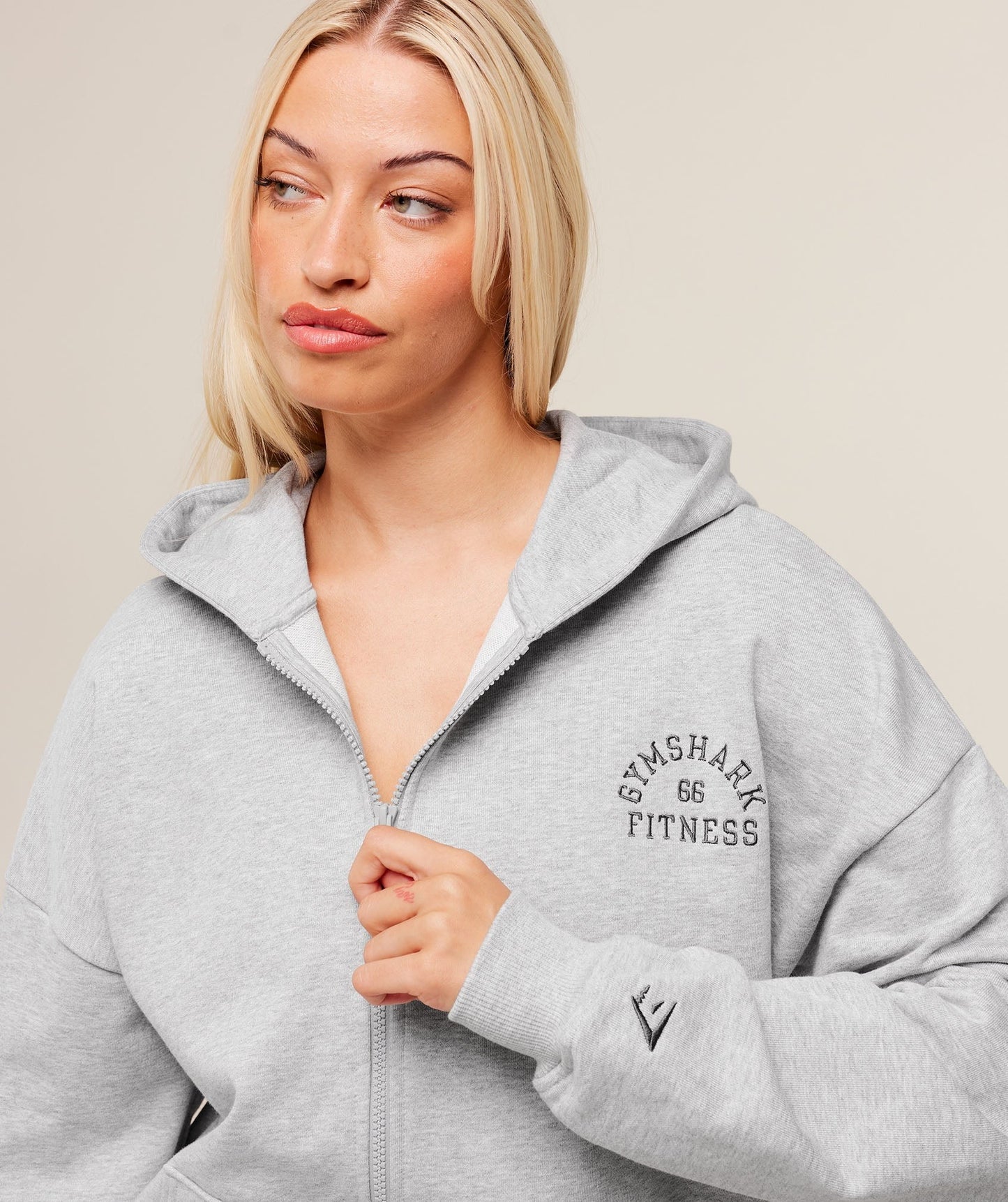 Gymshark Fitness Embroidered Graphic Zip Up Hoodie - Light Grey Core Marl