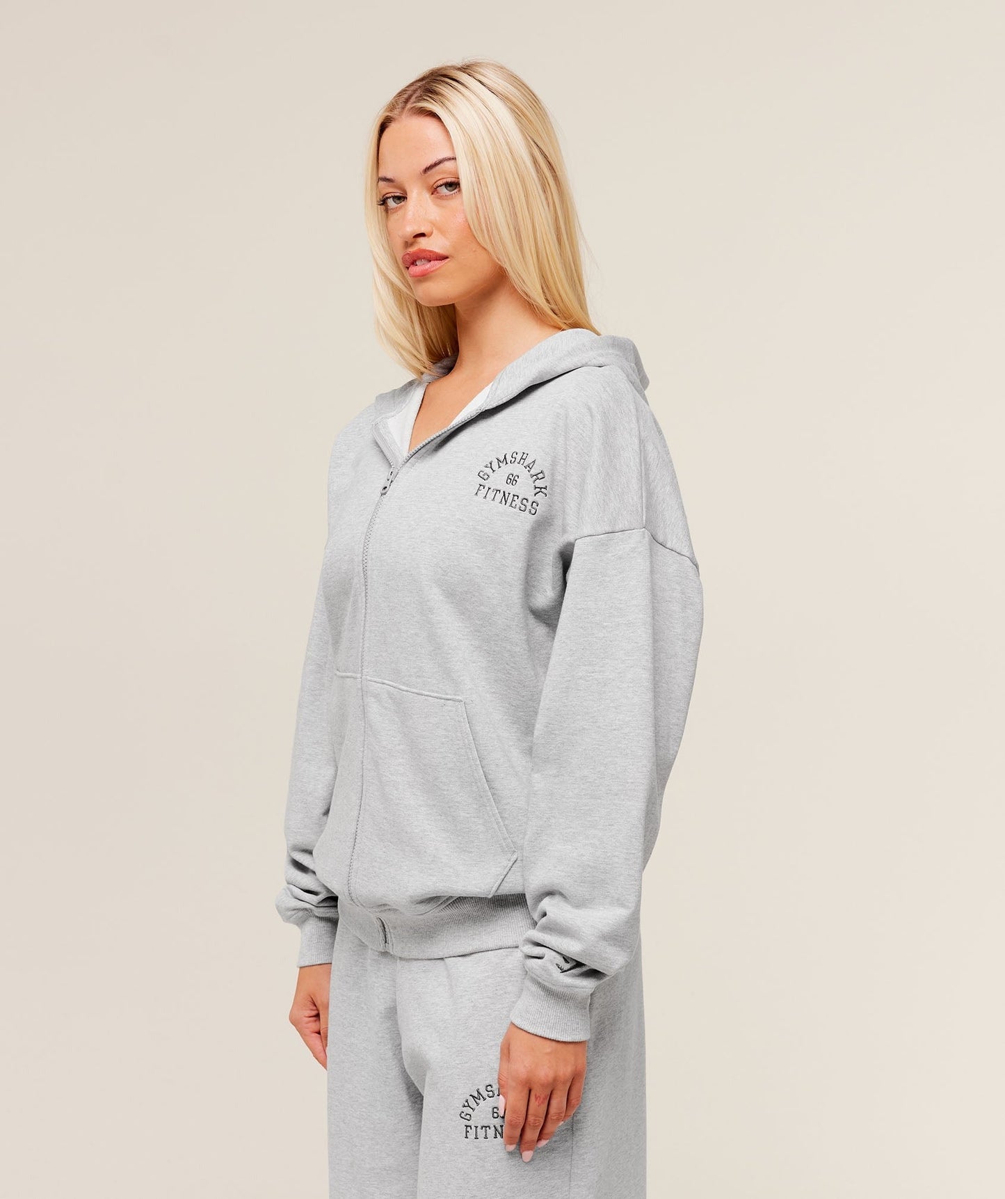 Gymshark Fitness Embroidered Graphic Zip Up Hoodie - Light Grey Core Marl