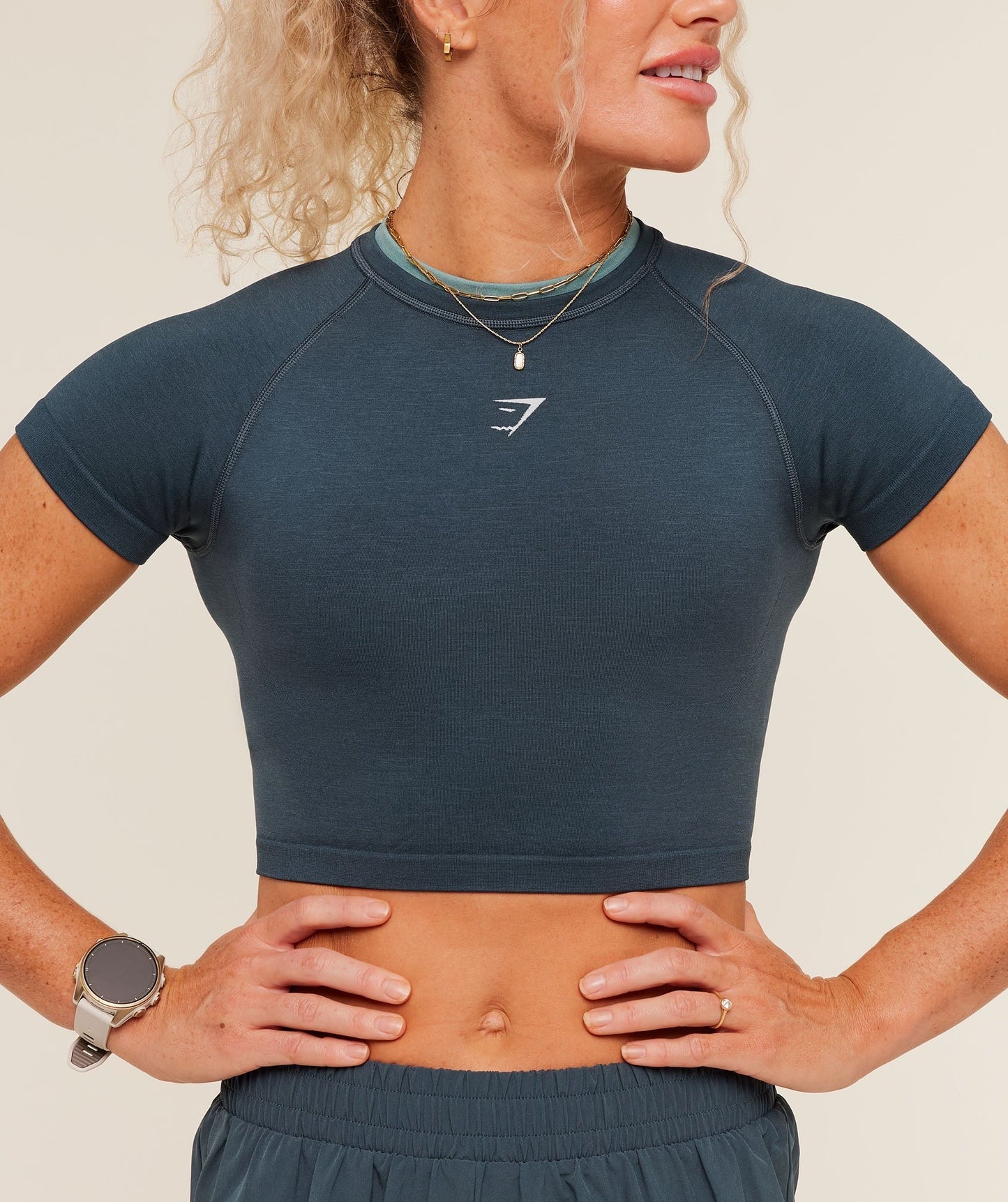 Gymshark Interval Seamless Short Sleeve Crop Top - Stealth Blue/Storm Blue