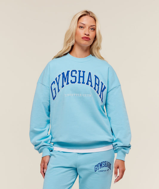 Gymshark Collegiate Graphic Crew Neck Pullover - Athletic Light Blue