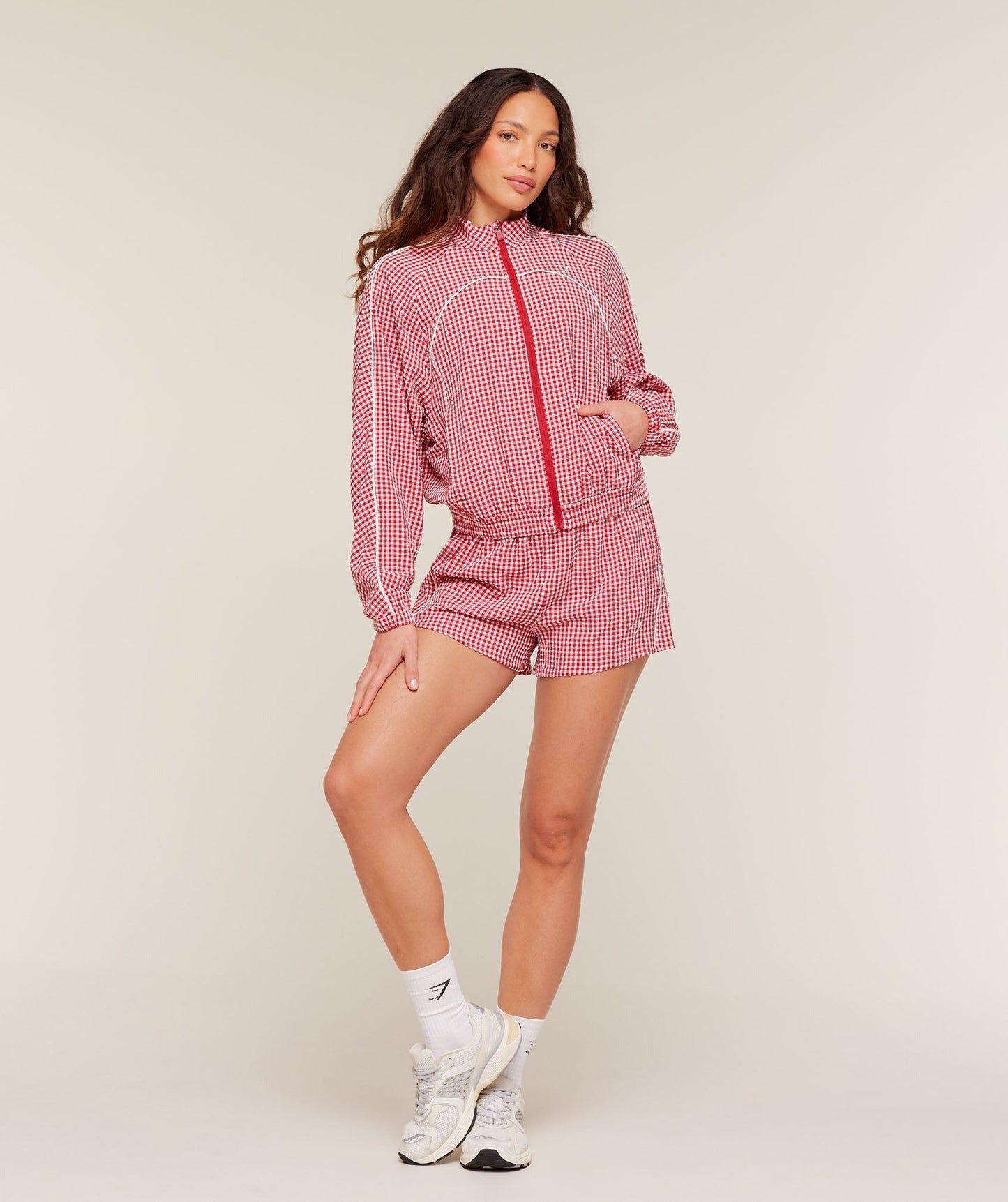 Gymshark Gingham Track Jacket - Carmine Red/Soft White