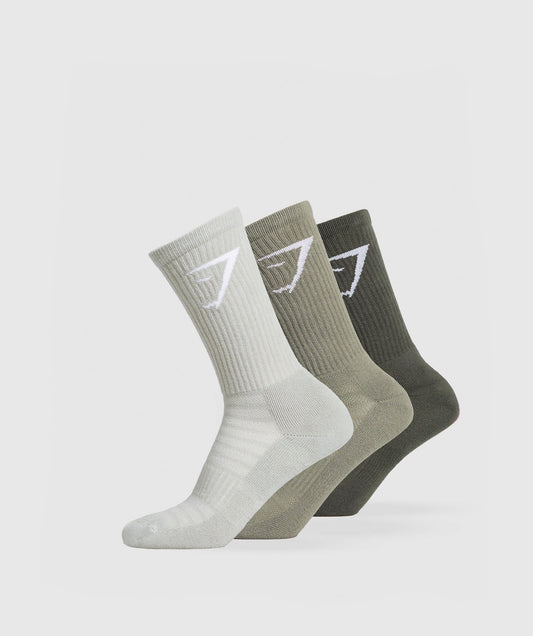 Gymshark Crew Socks 3pk - Strength Green/Utility Green/Stone Grey