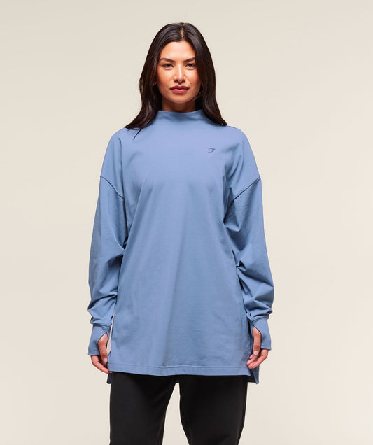 Gymshark Covered Longline Cotton Long Sleeve Top - Worn Blue