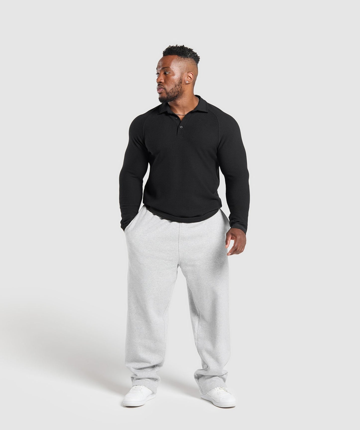 Gymshark Long Sleeve Waffle Polo Shirt - Black