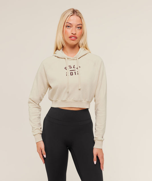 Gymshark Lifting Club 2012 Graphic Cropped Hoodie - Stone Beige/Wash