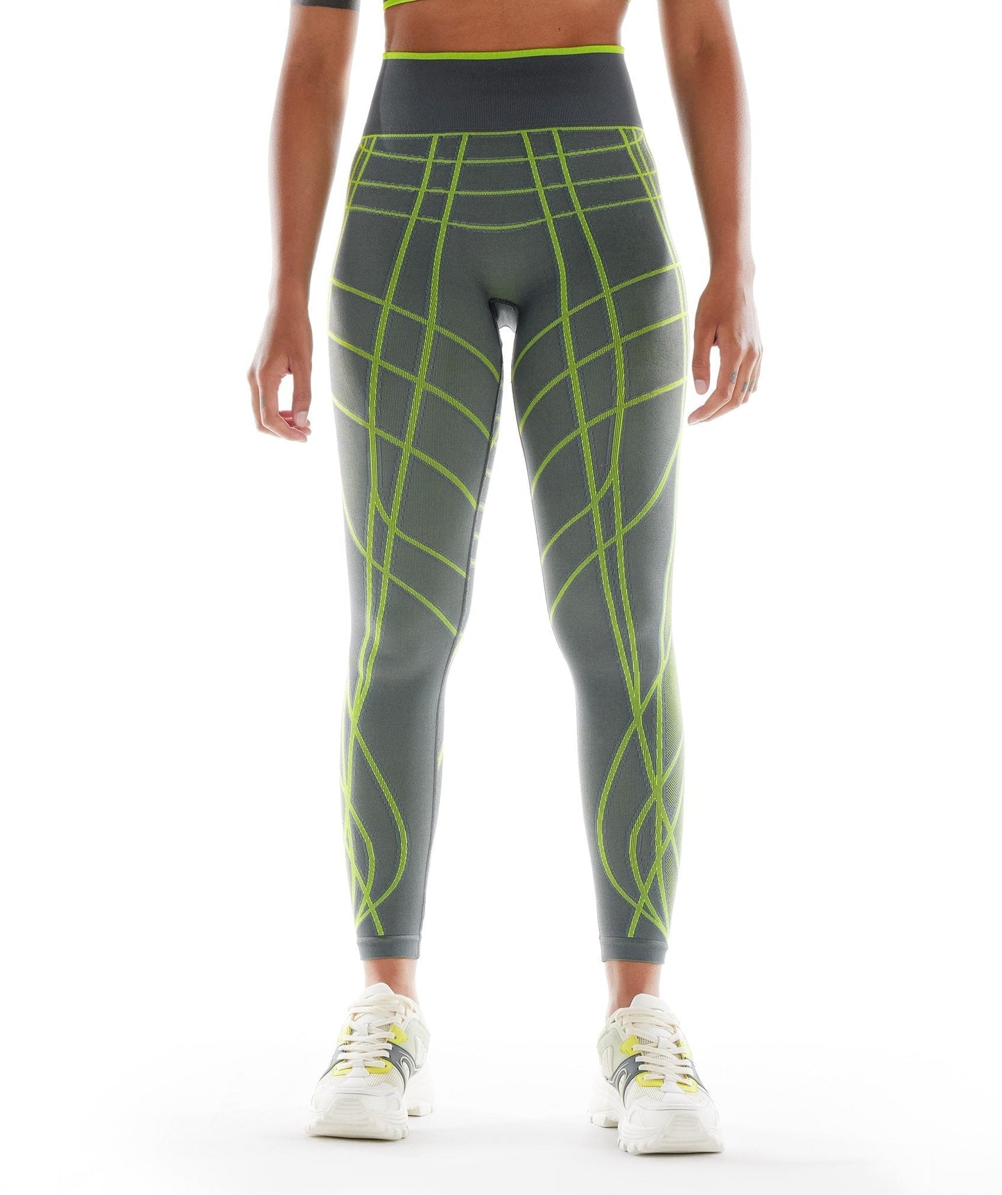 Gymshark Wtflex Linear Seamless Leggings - Charcoal Grey/Fluo Green/ Light Grey