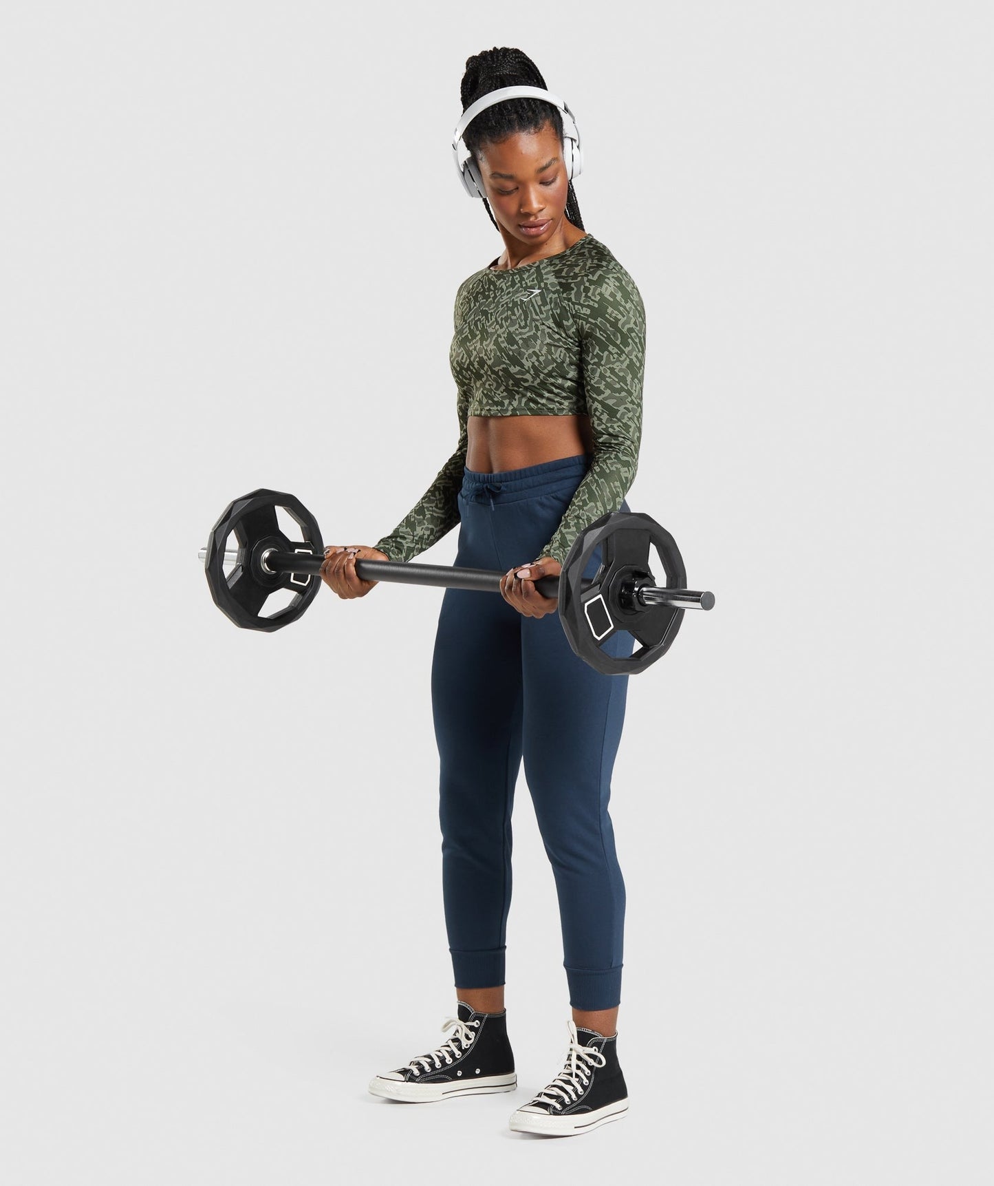 Gymshark Training Long Sleeve Crop Top - Green Print