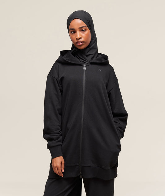 Gymshark Covered Longline Zip Up Hoodie - Black