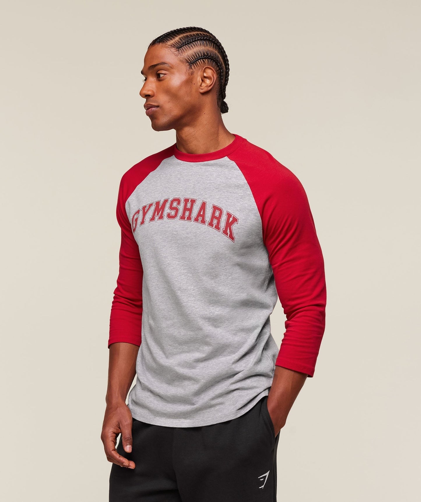 Gymshark GSLC Raglan 3/4 Sleeve T-Shirt - Light Grey Core Marl/Conditioning Red