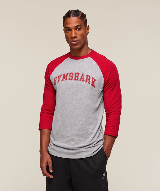 Gymshark GSLC Raglan 3/4 Sleeve T-Shirt - Light Grey Core Marl/Conditioning Red