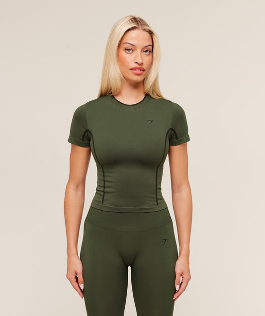 Gymshark Everyday Seamless Contrast Tee - Winter Olive/Black