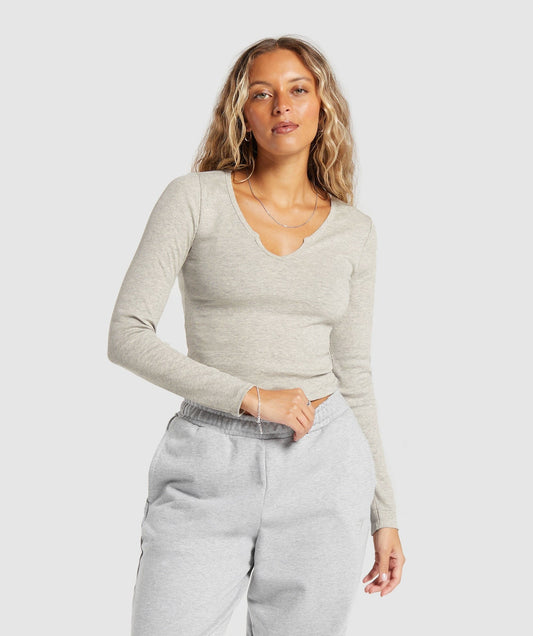 Gymshark Rib Long Sleeve Top - Stone Grey Marl