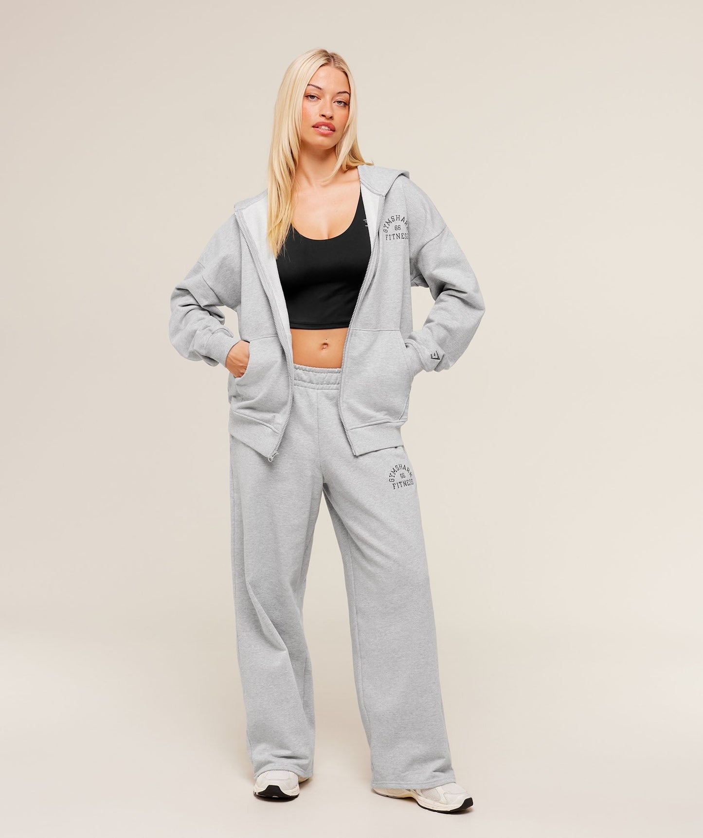 Gymshark Fitness Embroidered Graphic Zip Up Hoodie - Light Grey Core Marl
