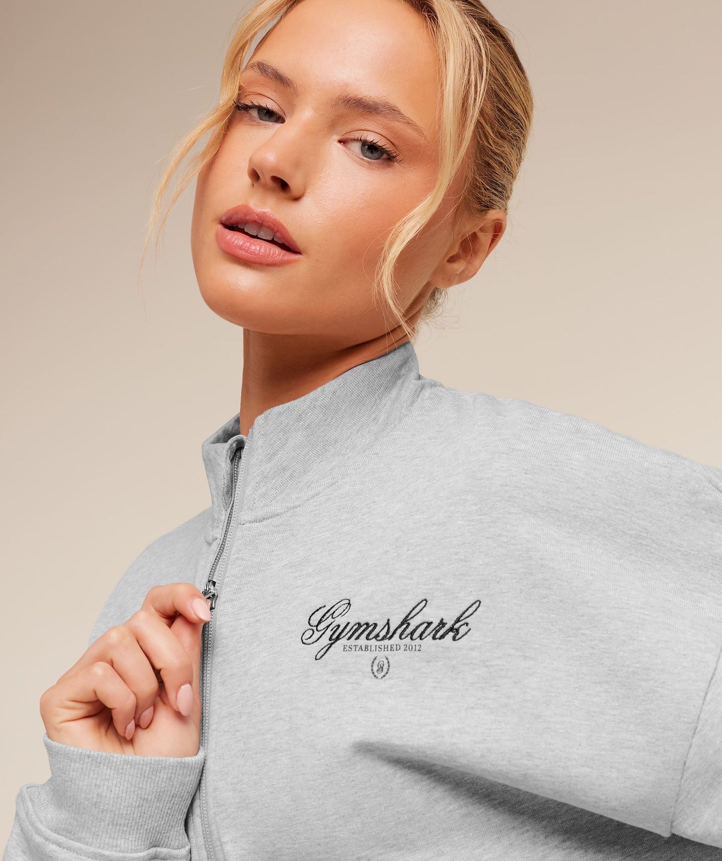 Gymshark Script Embroidery Oversized Zip Through - Light Grey Core Marl