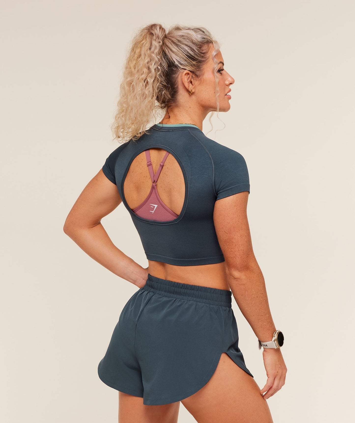 Gymshark Interval Seamless Short Sleeve Crop Top - Stealth Blue/Storm Blue