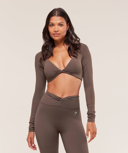 Gymshark Twist Front Long Sleeve Crop Top - Walnut Brown