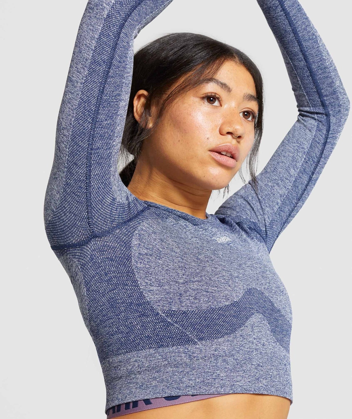 Gymshark Flex Sports Long Sleeve Crop Top - Navy Marl/Light Grey