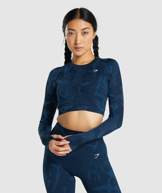Gymshark Adapt Camo Seamless Long Sleeve Crop Top - Savanna | Navy