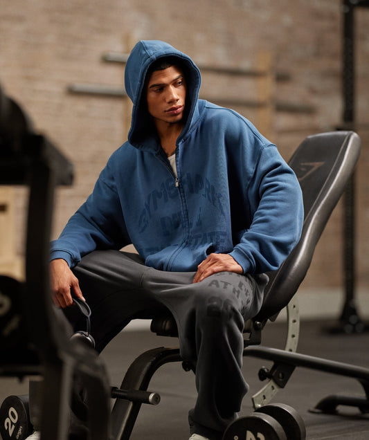 Gymshark Collegiate Washed Zip Up Hoodie - Compound Blue