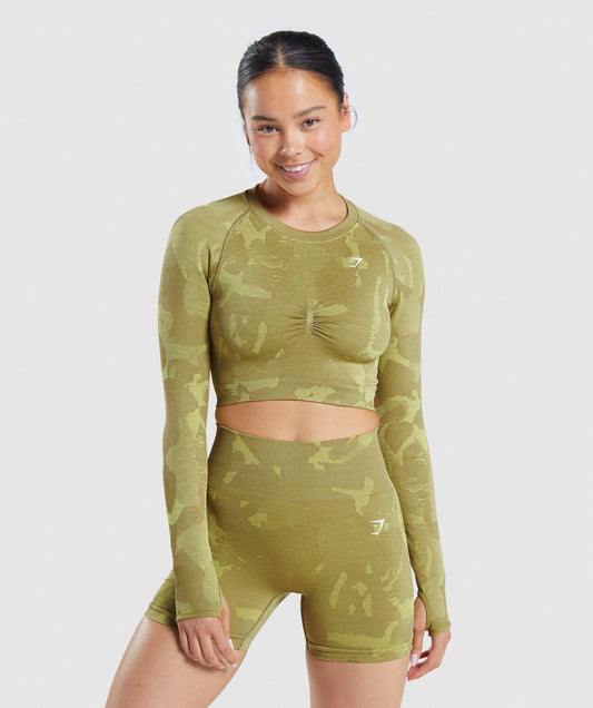 Gymshark Adapt Camo Seamless Long Sleeve Crop Top - Savanna | Griffin Green