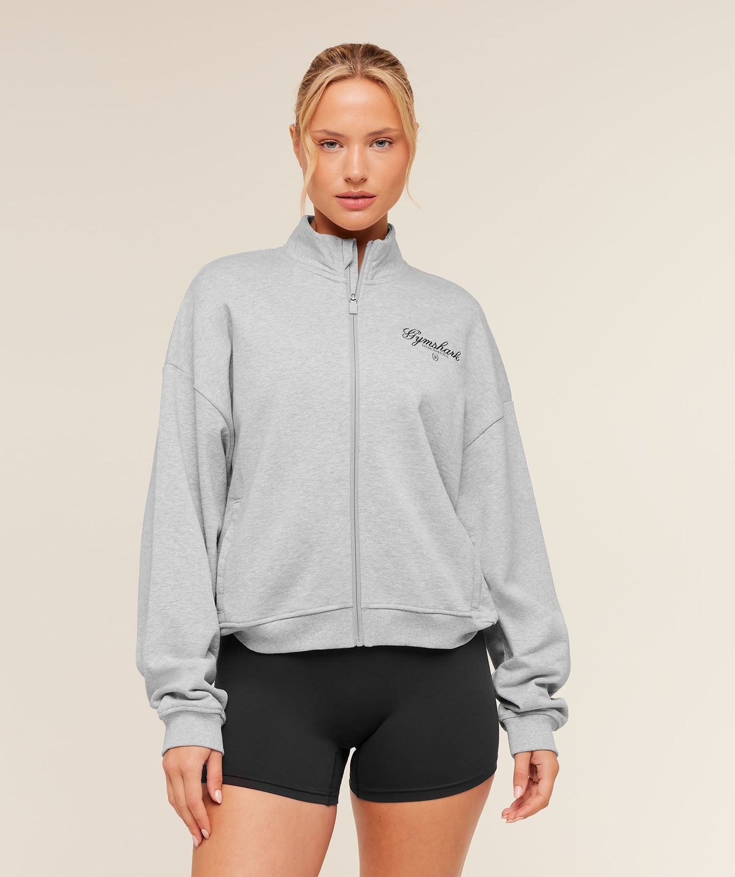 Gymshark Script Embroidery Oversized Zip Through - Light Grey Core Marl