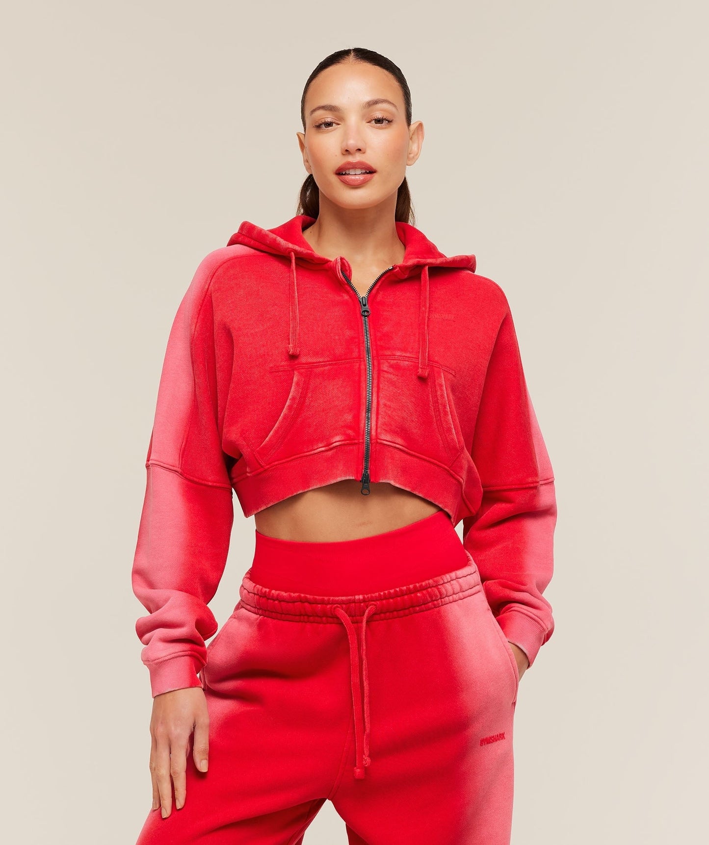 Gymshark Pump Washed Zip Through Hoodie - Carmine Red/Soft White