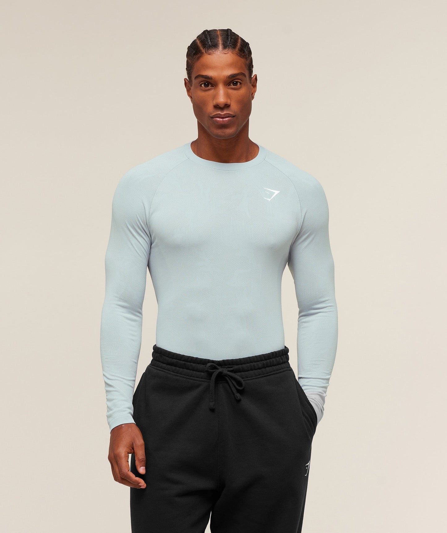 Gymshark Geo Seamless Long Sleeve T-Shirt - Smoke Blue/Soft White