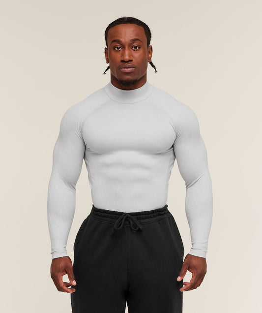 Gymshark Element Baselayer Mock Neck Long Sleeve T-Shirt - White/Metal Grey Marl