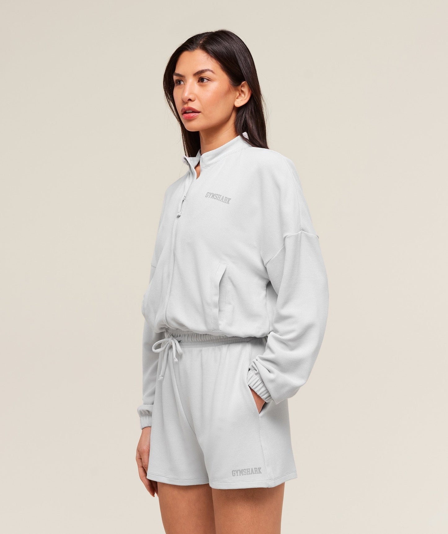 Gymshark Waffle Midi Zip Up Jacket - Light Grey