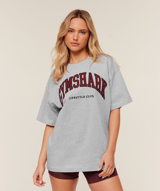 Gymshark Collegiate Graphic T-Shirt - Light Grey Core Marl/GS Sets Red